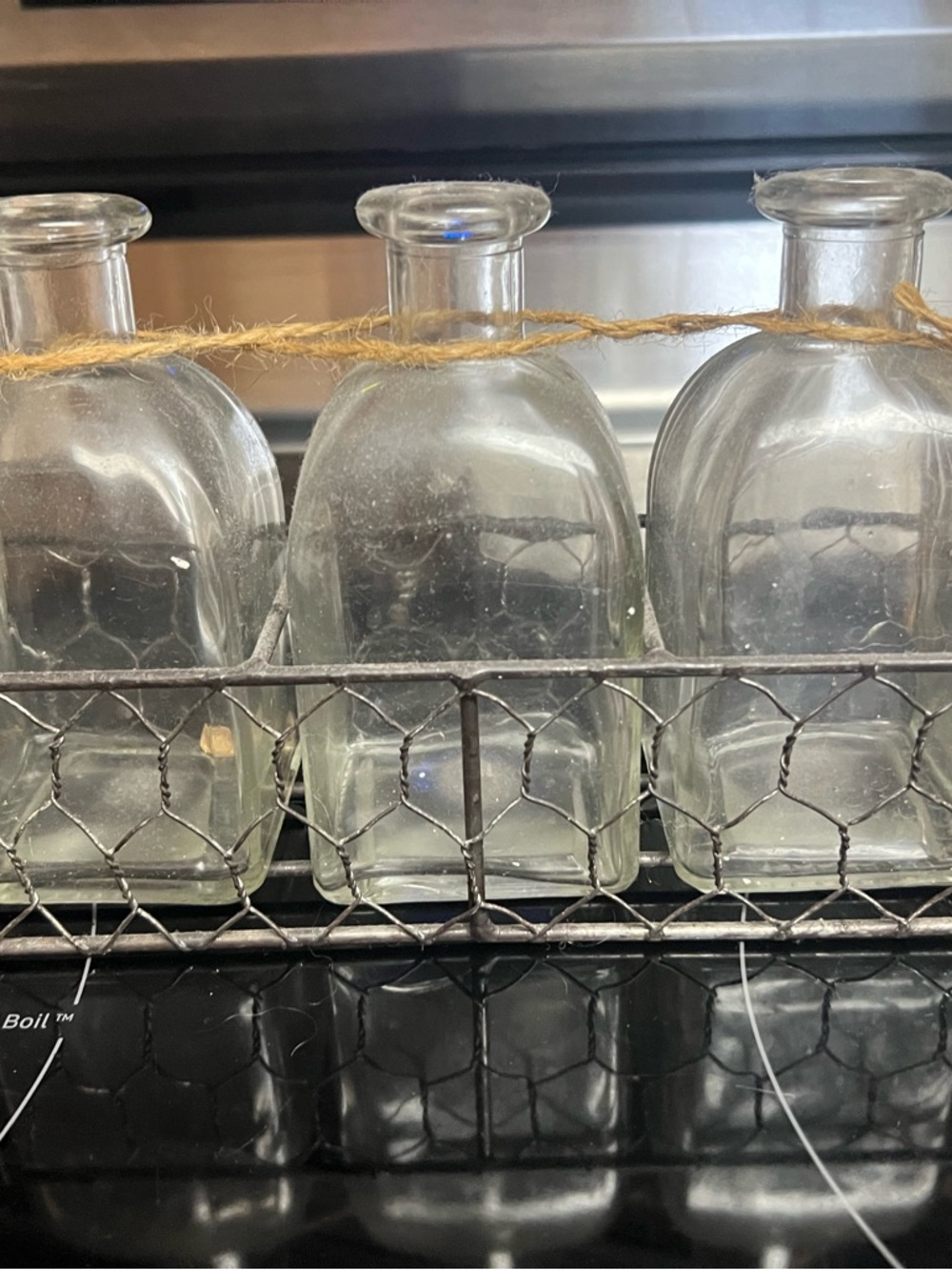 Rustic Glass Bottle Trio in Wire Carrier
